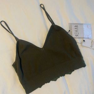 Dark green knit and lace crop tank